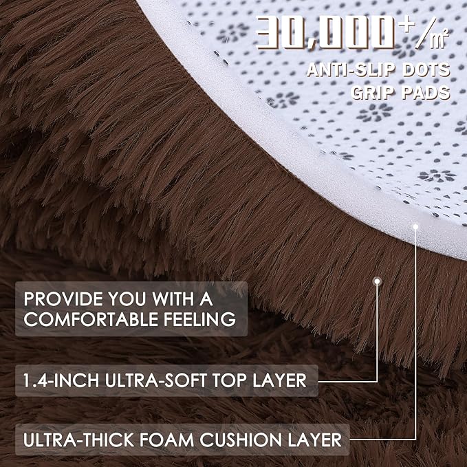 OLANLY Coffee Round Rugs for Bedroom - Machine Washable, 6 ft Circle Area Rugs for Living Room, Soft and Fluffy Shaggy Carpet for Teen Girls and Boys, Nursery Rooms, Dorms, Home Decor Aesthetic