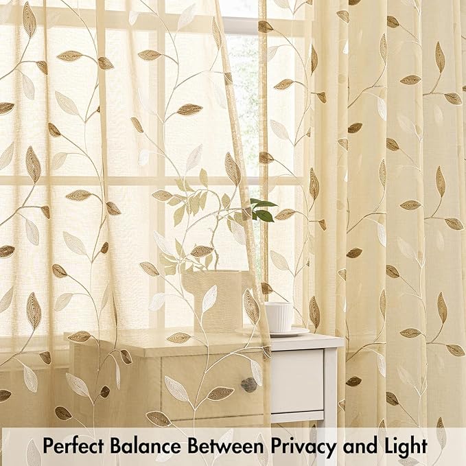 MIULEE Beige Sheer Curtains 2 Panels Embroidered Leaf Patterned Rod Pocket Floral Semi Sheer Faux Linen Short Window Curtains Drapes Set for Kitchen Living Room Bedroom, 52x45 Inches Length