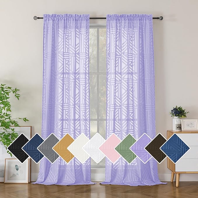 Simplebrand Lavender Semi Sheer Curtains 96 Inches Long 2 Panels, Light Filtering Geometric Jacquard Clip Textured Sheer Curtains for Living Room，Modern Elegant Window Curtains Drapes，42x96 inch