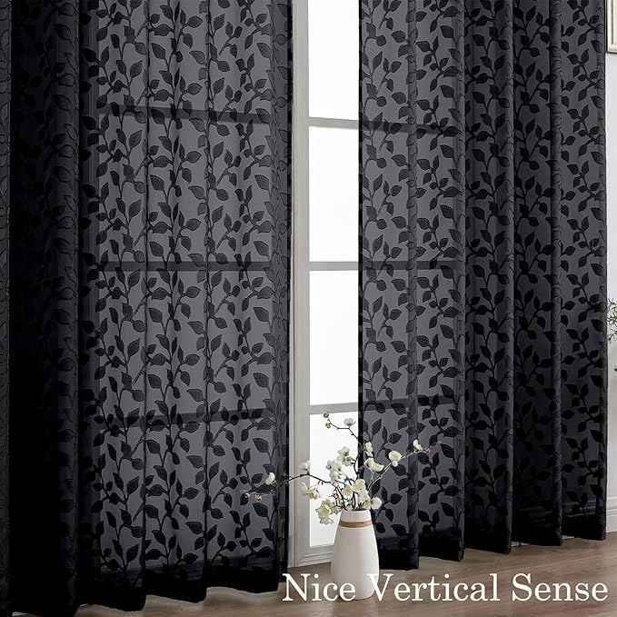 Chyhomenyc Black Sheer Curtains 96 Inch Length 2 Panels Set, Light Filtering Tufted Textured Soft Airy Rod Pocket Gentle Leaf Window Treatment Drapes for Bedroom Living Room, 52" Wx96 L, 2PCS