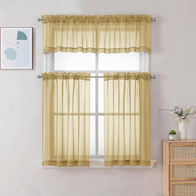 Gwine Gold Sheer Curtain Tiers 24 Inch Length, Light Filtering Voile Short Curtain for Living Room Bedroom, Rod Pocket Cafe Curtains for Small Windows 42x24 Inch, 2PCS