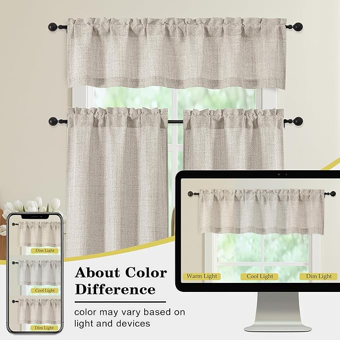 Linen Valances for Windows, Light Filtering Faux Linen Textured Small Short Valance Curtains for Bathroom Basement Farmhouse, Rod Pocket Top Half Curtains for Windows, 60Wx16L Inch
