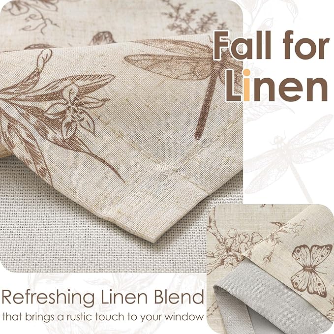 jinchan Floral Curtain Valance for Windows 16 Inch Linen Valance for Kitchen Living Room Rustic Cottage Farmhouse Flower Butterfly Curtain Rod Pocket 1 Panel Double Layer Blackout Taupe on Beige