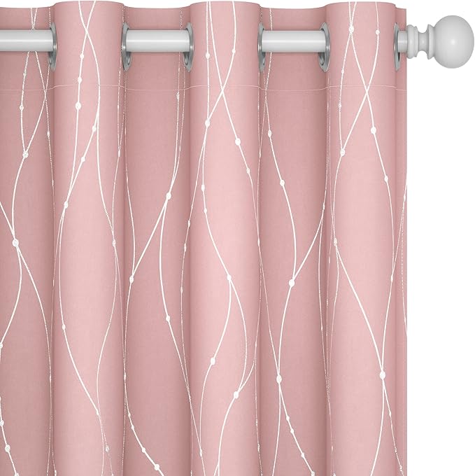 Deconovo Pink Blackout Curtains for Bedroom, Thermal Insulated Soundproof Pravicy Curtain, Silver Wave Dots Print, 52 x 108 Inch Long, Machine Washable Window Panels for Kids Room Nursery, Set of 2