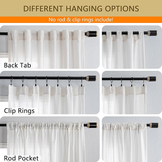 MYSKY HOME Natural Linen White Curtains 80 Inches Long, Semi Sheer Soft Cotton Window Drapes Set for Living Room Back Tab Elegant Cute Look Country Bedroom Curtains, Beige White, 50" x 80", Pack-2