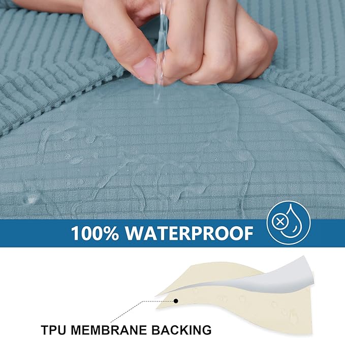 hyha Waterproof Couch Cushion Covers for Pets, Non Slip Sofa Seat Cover for Dogs Washable, Soft Thick Stretch Jacquard Fabric, Sofa Slipcovers with Elastic Bottom (3 Pieces, Lake Blue)