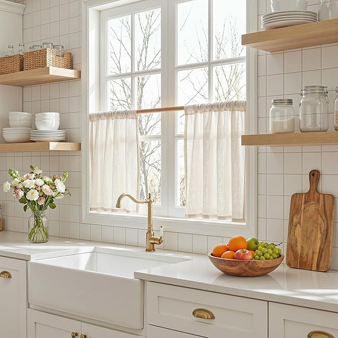 MYSKY HOME Semi Sheer Natural Linen Curtains 36 Inch Length 2 Panels, Light Filtering Cream Tiers Curtains Rod Pocket Neutral Window Drapes for Bathroom/Kitchen/Basement, Linen, 34 x 36 Inch