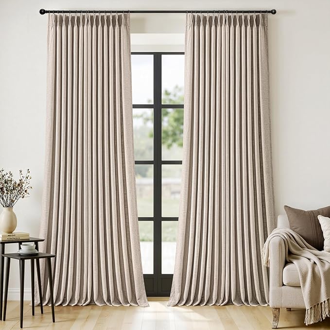 MIULEE Pinch Pleated Thick Linen Curtains 108 Inches Long 2 Panels for Living Room Bedroom, Extra Long Linen Drapes Pinch Pleat Back Tab Rustic Farmhouse Foor to Ceiling Curtains with Hooks, Taupe