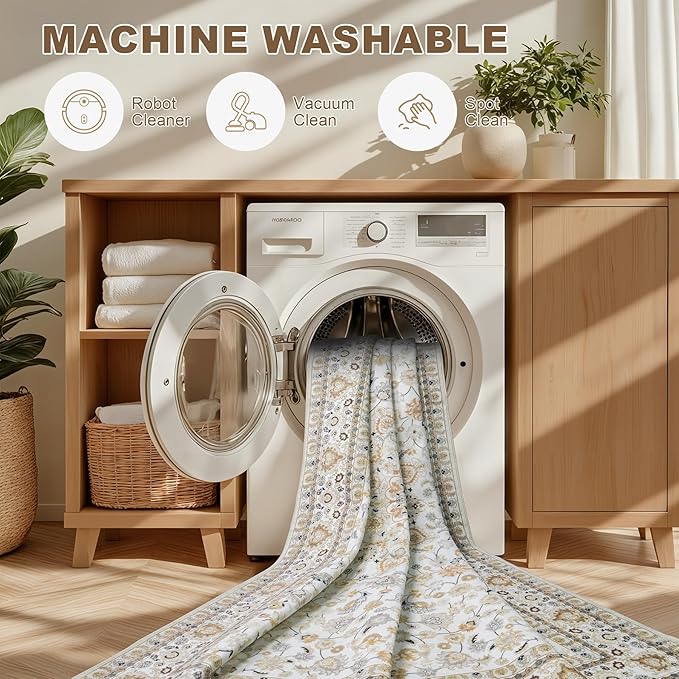6x9 Area Rugs Living Room Rug: Washable Vintage Boho Rug No Slip Stain Resistant Soft Carpet Indoor Floor Floral Large Carpets for Bedroom Dining Room Farmhouse Nursery Home Office Beige