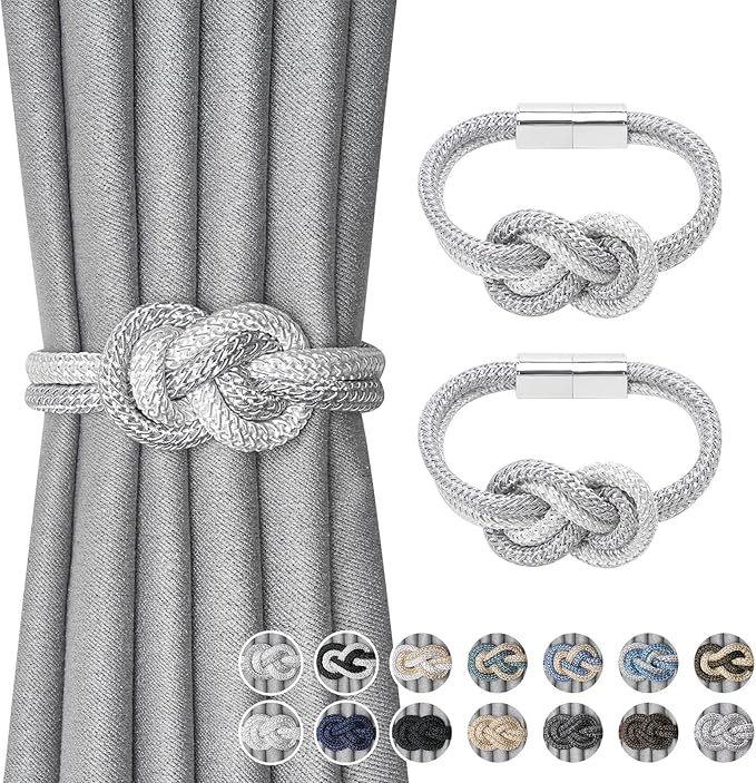 NICEEC 2 Pack Mini Magnetic Curtain Tiebacks Nordic Simple Style Drape Tie Backs Elegant Hand Weave Rope Knot Decorative Curtain Holdbacks for Home & Office Thin Window Drapery (Grey & White)