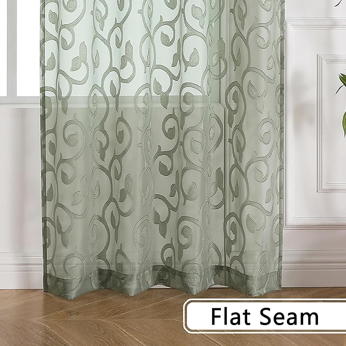 OWENIE Furman Extra Long Sheer Sage Green Curtains 96 inches Long for Bedroom Living Room 2 Panels Set, Light Filtering Soft Semi Sheer Jacquard Clip Farmhouse Curtains Rod Pocket Design, 52Wx96L inch