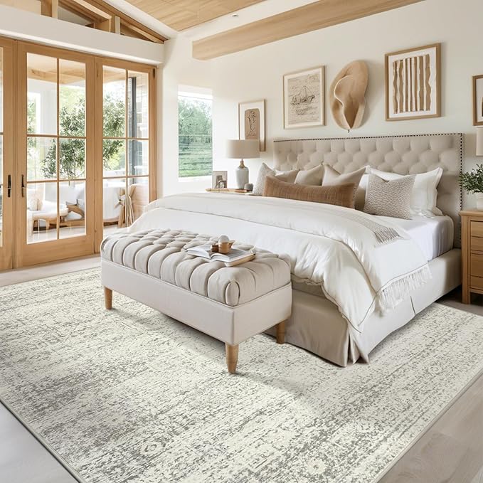 Washable Rugs 6x9 Area Rugs for Living Room,Bedroom,Dining Room- Large Ultra Soft Faux Wool Retro Carpets,Non Slip&Non-Shedding Low Pile Vintage Print Rug for Home Office Decor-Beige