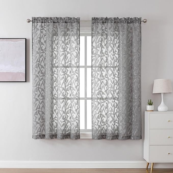 Lecloud Leia Charcoal Grey Sheer Curtains 45 Inch Length 2 Panels, Elegant Balance Light & Privacy Jacquard Textured Leaf Curtains, Dual Rod Pockets Drapes for Bedroom Living Room, 28" W x 45" L