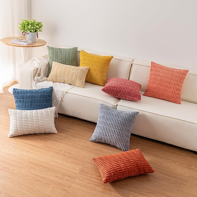 Pack of 2 Corduroy Decorative Throw Pillow Covers 18x18 Inch Soft Striped Pillow Covers Modern Farmhouse Home Decor for Sofa Living Room Couch Bed(Cream White)