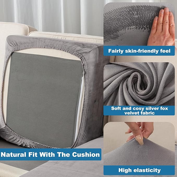 Couch Cover 4-Piece Elastic Velvet Couch Cushion Covers & Chaise Slipcovers for L-Shaped Sofas - Sofa Seat Covers Washable, Soft Protector for Couches (3 Seater + Chaise, Grey)