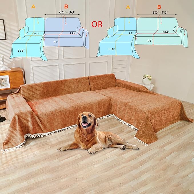HANDONTIME Dark Orange Sofa Covers Couch Cover for Dogs Colorful Tassel Lovetseat Covers Pet Couch Cover Bohemian Sofa Cover for Couch Vintage Boho Couch Covers Futon Cover Pet-Friendly, 71" X134"