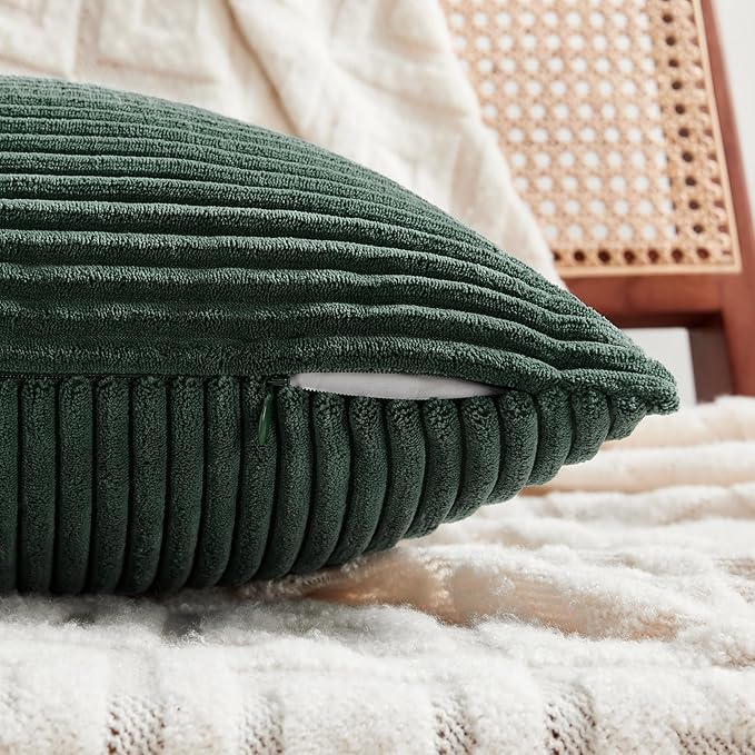 Fancy Homi Set of 2 Dark Green Lumbar Decorative Throw Pillow Covers 20x28 Inch for Living Room Couch Bed, Boho Farmhouse Forest Green Home Decor, Soft Corduroy Corss Patchwork Cushion Case