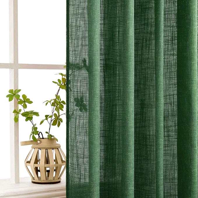 MIULEE Emerald Green Linen Curtains 120 Inches Long for Bedroom Living Room, Christmas Soft Thick Linen Textured Window Drapes Semi Sheer Light Filtering Back Tab Rod Pocket Burlap Look, 2 Panels