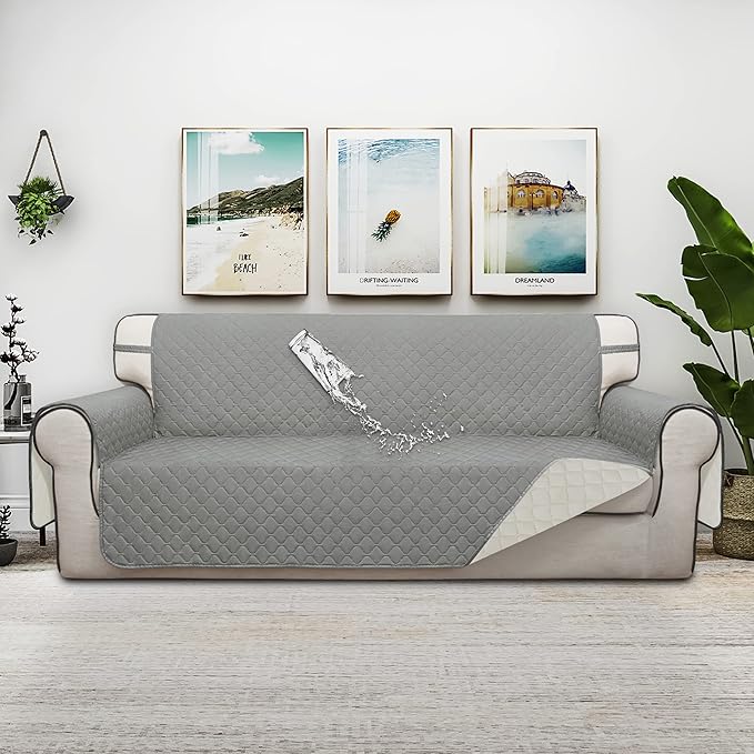 ISSUNTEX Double Protection 100% Waterproof Sofa Covers for Living Room, Reversible Couch Covers for 3 Cushion Couch Sofa, Furniture Protector Sofa Cover for Pets (X Large, Light Gray/Ivory)