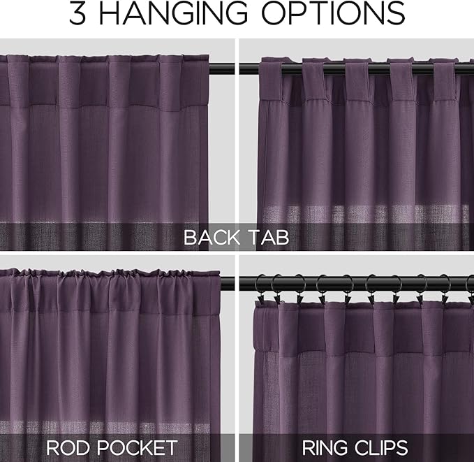 Extra Long Plum Linen Curtains 120 Inch for Living Room 2 Panels Set Rod Pocket Back Tab Linen Window Drapes Semi Sheer Light Filtering Privacy High Ceiling Drapes for Farmhouse 52x120