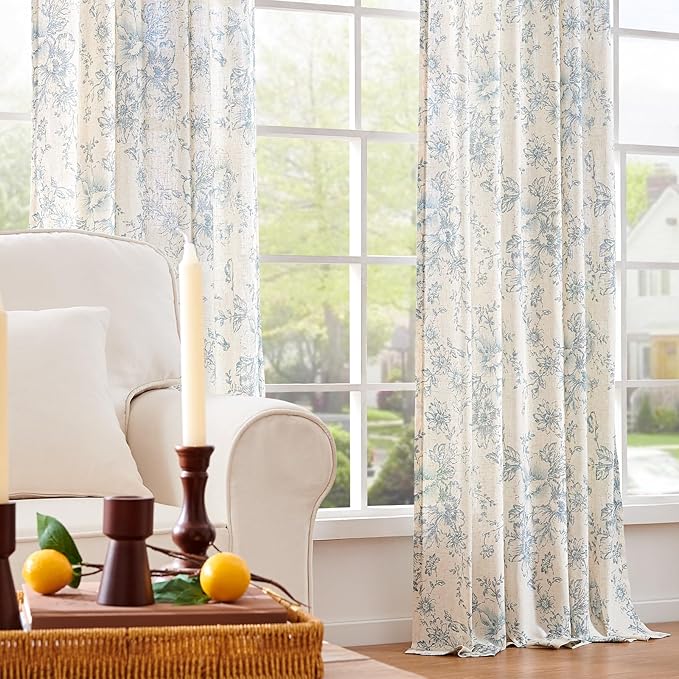 jinchan Linen Blend Curtain Floral Curtains for Living Room 96 Inch Length Blue Printed Curtain Rod Pocket Back Tab Farmhouse Peony Flower Patterned Drapes Bedroom Window Curtains Set 2 Panels