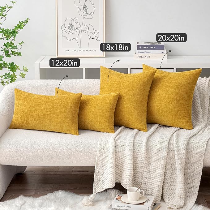 MIULEE Pack of 2 Mustard Yellow Throw Pillow Covers 12x20 Inch Soft Spring Chenille Lumbar Pillow Covers for Sofa Living Room Couch Solid Dyed Cases