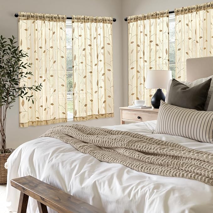 MIULEE Beige Sheer Curtains 2 Panels Embroidered Leaf Patterned Rod Pocket Floral Semi Sheer Faux Linen Short Window Curtains Drapes Set for Kitchen Living Room Bedroom, 52x45 Inches Length