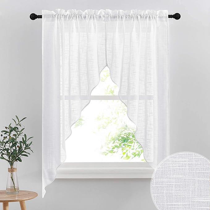 RYB HOME Semi Sheer Curtain Valance Window Topper, Textured Linen Sheer Kitchen Curtain Tier Swag Set, Privacy Half Window Valance for Bedroom Living Room Bathroom, W 36 x L 63, 2 Panels, White