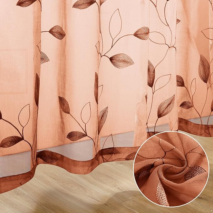 HOMEIDEAS Fall Burnt Orange Sheer Curtains 96 Inches Long 2 Panels Embroidered Floral Pattern Semi Sheer Window Curtains for Bedroom Living Room