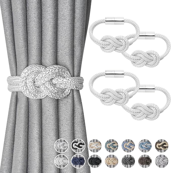 NICEEC 4 Pack Mini Magnetic Curtain Tiebacks Nordic Simple Style Drape Tie Backs Elegant Hand Weave Rope Knot Decorative Curtain Holdbacks for Home & Office Thin Window Drapery (White)
