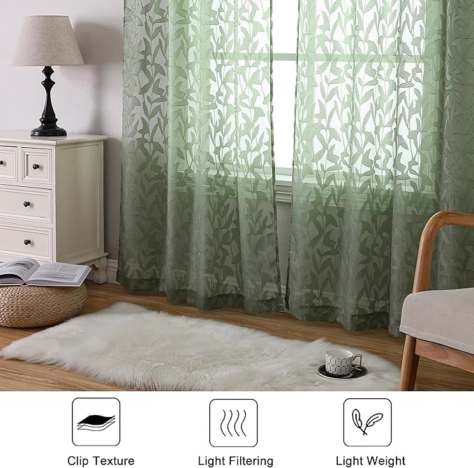 Lecloud Leia Living Room Sheer Curtains 84 Inches Long 2 Panels, Sage Green Leaves Jacquard Clip Voile Curtains with Dual Rod Pocket, Farmhouse Gauzy Curtain Drapes for Bedroom French Door, 38x84 Inch
