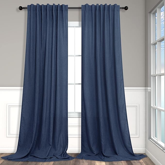 Pitalk 60 Inch Wide Curtains for Living Room 2 Panel Back Tab Pocket Drape Semi Sheer Linen Extra Large Navy Blue Curtain for Home Office Hotel Flat Family Sunroom Width 5 x 9 FT Long 60x108 Dark Blue