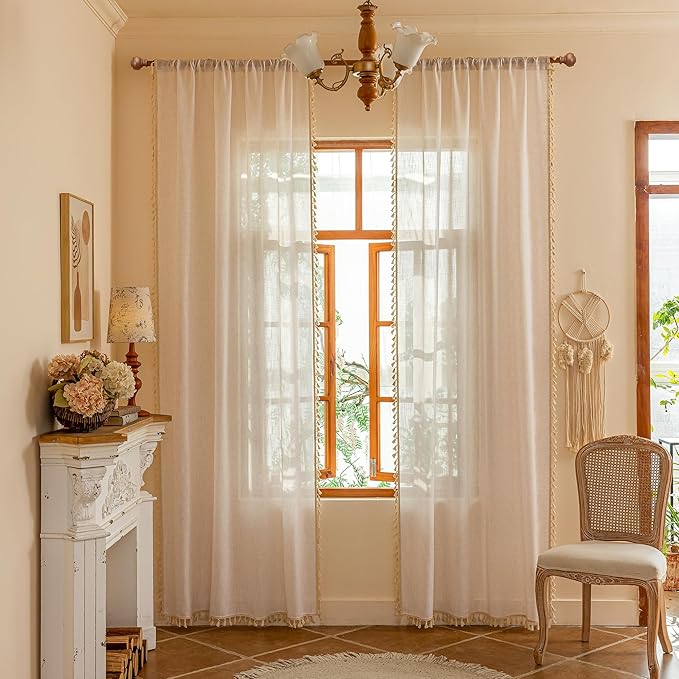 MYSKY HOME Boho Cream Curtains with Macrame 72 Inch Length, Semi Sheer Drapes for Living Room Privacy Protect Rustic Farmhouse Style Back Tab for Doorways, 50" x 72", Natural，2 Panels
