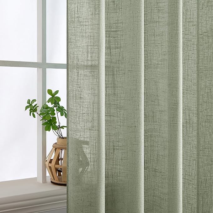 MIULEE Sage Linen Curtains 63 Inch Length 2 Panels for Bedroom Living Room,Green Soft Thick Linen Textured Kitchen Window Drapes Semi Sheer Light Filtering Back Tab Rod Pocket Burlap Look Decor