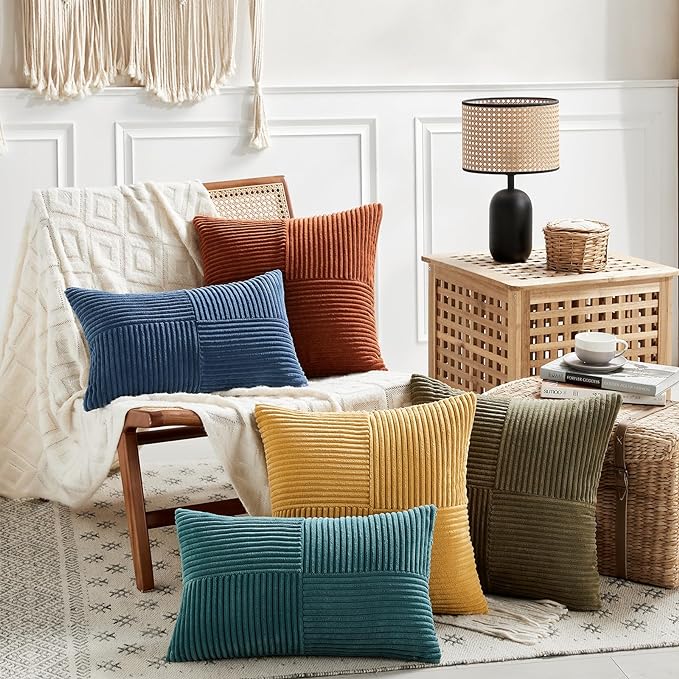 Fancy Homi 2 Packs Olive Green Euro Decorative Throw Pillow Covers 28x28 Inch Room Couch Bed, Rustic Farmhouse Boho Home Decor, Soft Corss Corduroy Patchwork Textured Cushion Case 71x71 cm