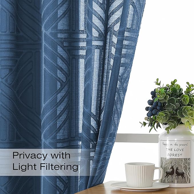 Simplebrand Dusty Blue Semi Sheer Curtains 54 Inch Length 2 Panels, Geometric Jacquard Clip Textured Curtains for Bedroom, Modern Elegant Window Drapes/Treatment, 42x54 Inch