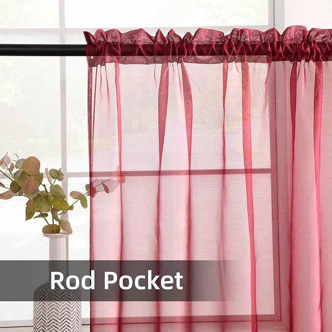 youleyar Solid Sheer Rod Pocket Curtain Voile Draperies 2 Panels White Beige Black Grey Coffee 52 Inch Width 45 Inch Long 1 Pair for Kitchen Bedroom Children Living Room Yard (Wine Red,52Wｘ45L)