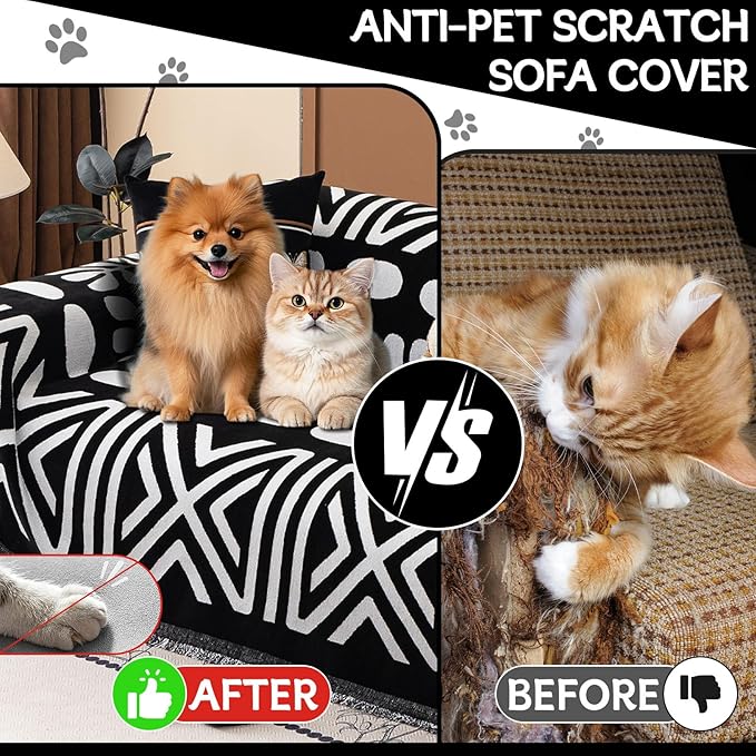 HANDONTIME Boho Couch Cover Blanket Geometric Striped Pet Covers for Couches and Sofas Black and White Dog Cover for Couch Pet Friendly Chenille Sectional Sofa Covers for Pets Washable, 71" X 118"