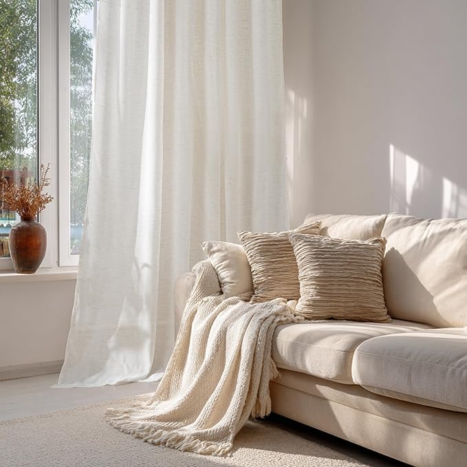 RYB HOME Linen Sheer Curtains Light & Airy Translucent Privacy Protected Vertical Panels for Bedroom Living Room, Rod Pocket & Back Tab, Ivory, W 52 x L 95 inch, 2 Panels