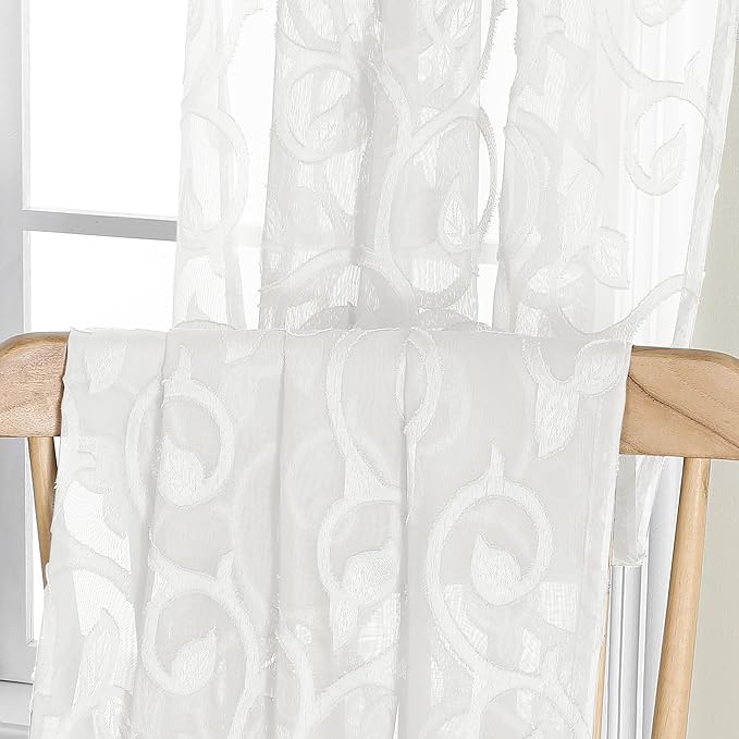 OWENIE Furman Ivory Sheer Curtains 84 inches Long for Bedroom Living Room 2 Panels Set, Jacquard Clip Light Filtering Semi Sheer Curtain Rod Pocket Window Drapes, 2 Pcs Each 40 W 84 L