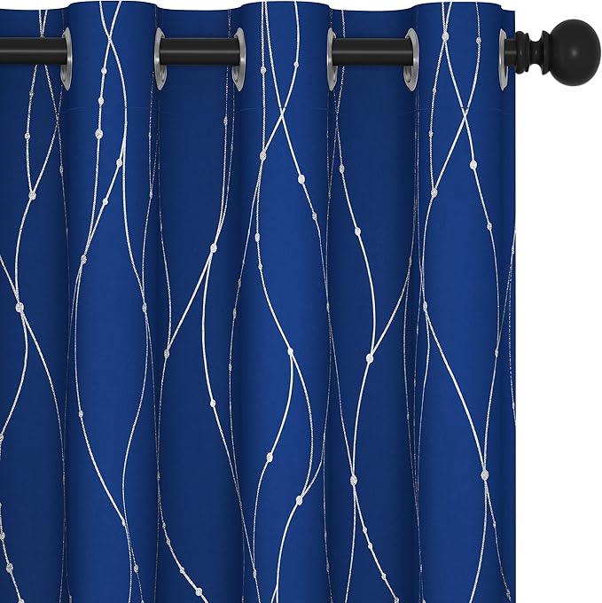 Deconovo Blackout Curtains, 52 x 108 Inch Drape for Sliding Door with Wave Dot Silver Print, Soundproof Thermal Insulated Window Curtain for Bedroom Living Room, Set of 2, Machine Washable, Royal Blue