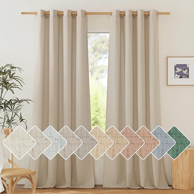 NICETOWN Thick Linen Curtains Privacy with Light Filtering, Grommet Semi Sheer Not See Through Linen Blend Curtain Drapes Vintage & Rustic for Farmhouse / Living Room, Angora, W55 x L84, 2 Panels