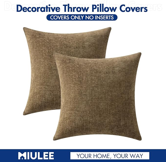 MIULEE Pack of 2 Coffee Throw Pillow Covers 18x18 Inch Soft Chenille Pillow Covers for Sofa Living Room Couch Solid Dyed Cases