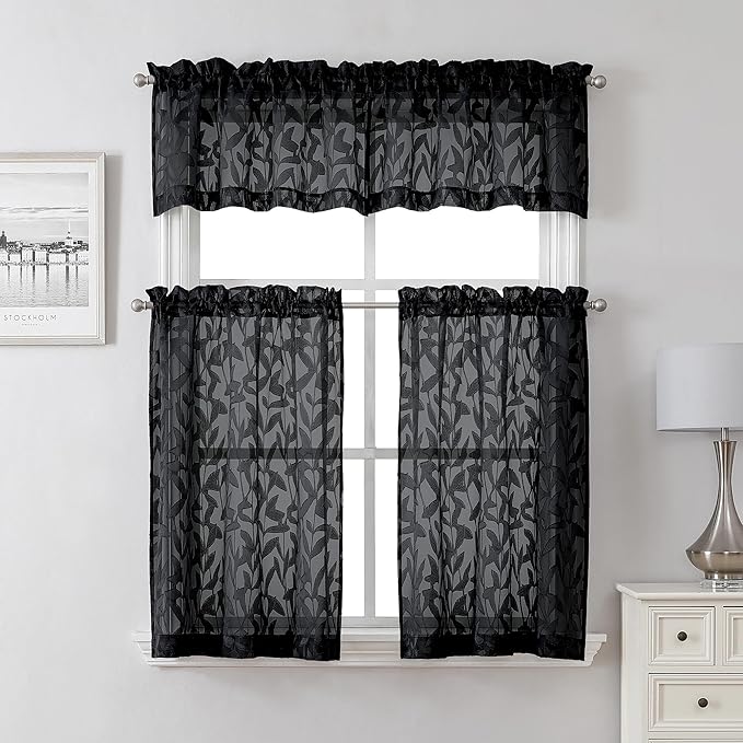 Lecloud Leia 14 Inch Black Sheer Valances for Windows 2 Pcs, Airy Jacquard Leaf Textured Short Curtains for Living Room Kitchen Bedroom Basement, Dual Rod Pockets Small Curtain, 28" W x 14" L