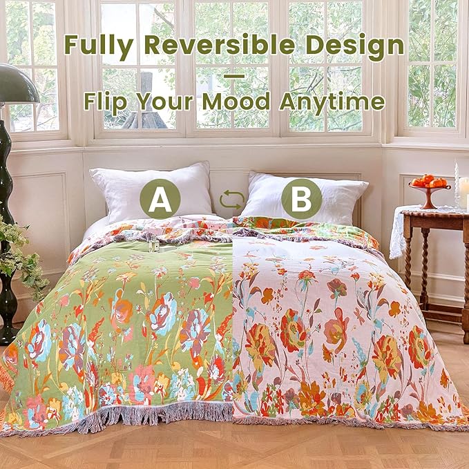 MSGKV Boho Throw Blanket 90"x108" Floral 100% Cotton Blanket with Flower and Butterfly for Bed Spring Breathable Lightweight Farmhouse King Blankets Home Decor Muslin