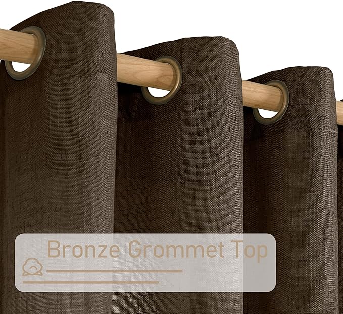 LAMIT Dark Brown Linen Curtains for Living Room 84 inch Length, Light Filtering Semi Sheer Panels Bronze Grommet Rustic Farmhouse Drapes for Bedroom/Sliding Glass Door, 2 Panels, 52 x 84 Inch