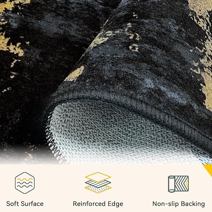 Washable Area Rugs 3'x5' Non-Slip Modern Abstract Soft for Living Room Entryway Bedroom Nursery, Print Pattern, Dark Black Gold