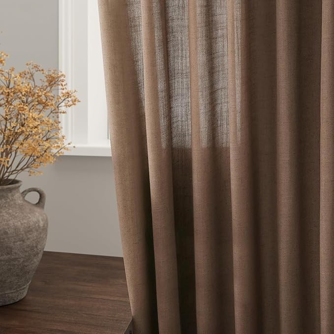 Caramel Brown Linen Curtains for Living Room Extra Long 126 Inches Long Back Tab Light Filtering Semi Sheer Curtain Vintage Rustic Decor Floor to Ceiling High Window for Bedroom 52x126, 2 Panels