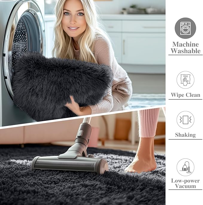 OLANLY 7x9 Machine Washable Large Area Rugs for Living Room, Bedroom, Soft Fluffy Shaggy Bedside Rug, Indoor Floor Carpet for Kids Girls and Boys, Dorms, Nursery, Home Decor Aesthetic, Black