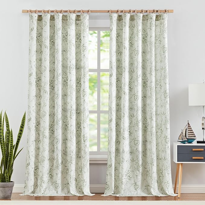 jinchan Floral Curtains 108 Inch Length Sage Green Flower Linen Farmhouse Curtain for Living Room French Country Vintage Curtain Rod Pocket Curtains Set 2 Panels Floral Printed